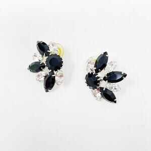 Rhinestone Chunky Earrings Black Gemstone Silver Tone Evening Costume Fashion